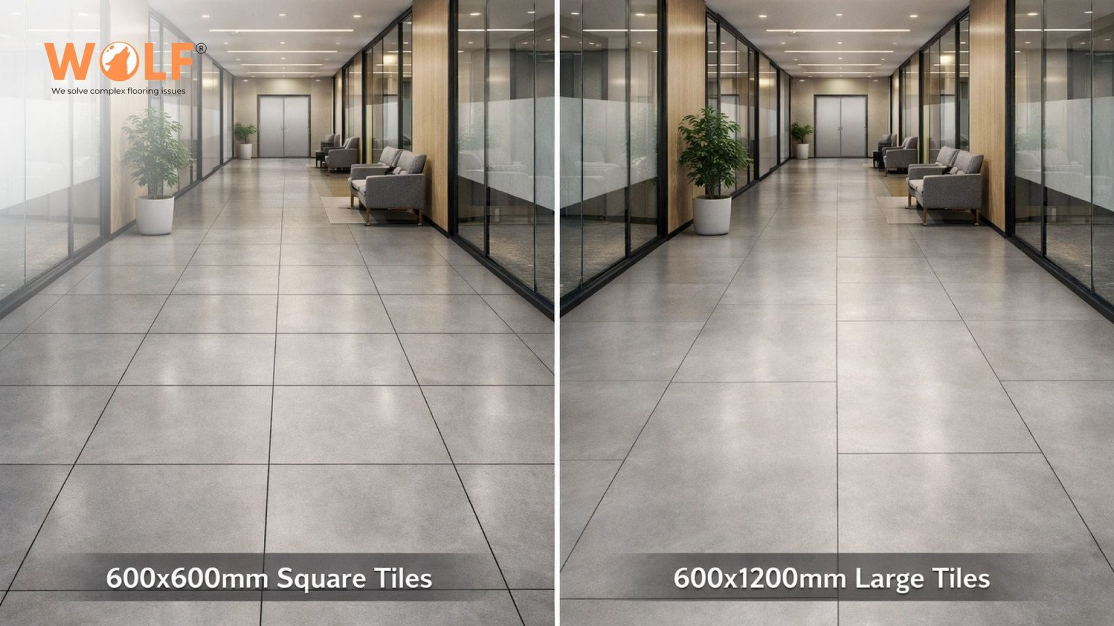 Side-by-side comparison of 600x600mm square tiles and 600x1200mm large-format tiles in a commercial office corridor
