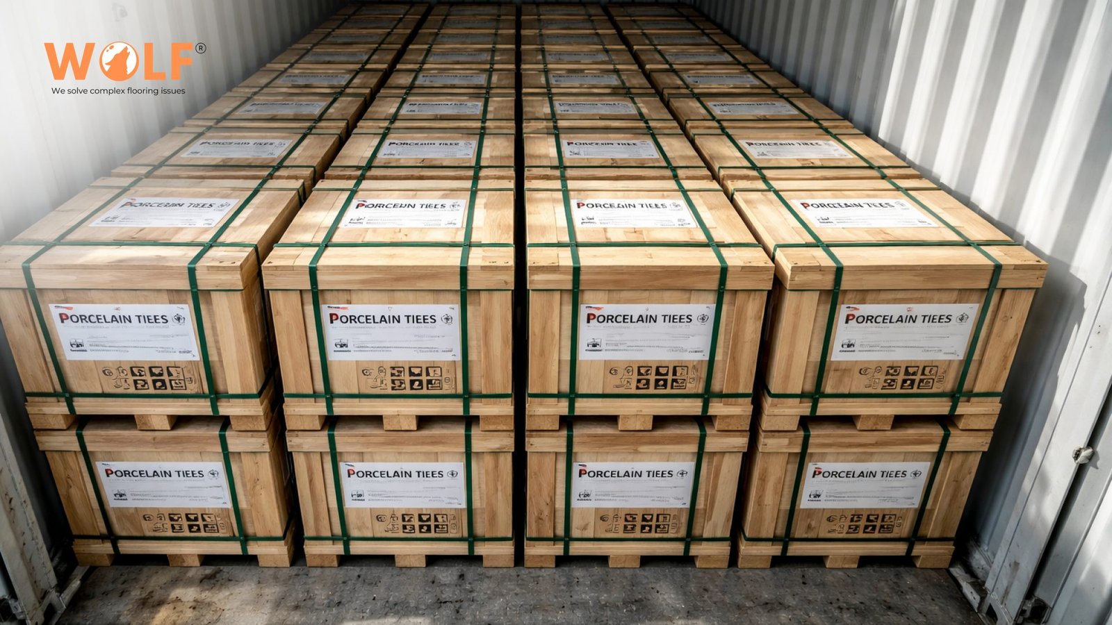 20ft container loaded with porcelain tiles from India for export to UK showroom buyers and distributors