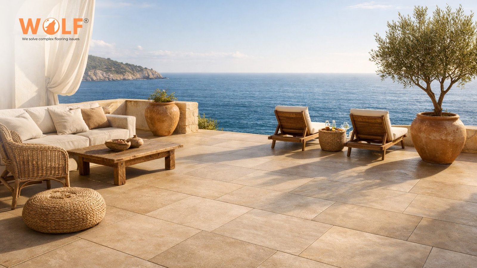 Mediterranean style terrace with warm tone porcelain tiles