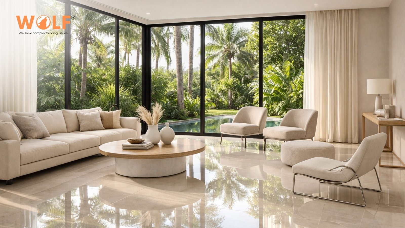 Bright living room with large glossy porcelain floor tiles reflecting natural light