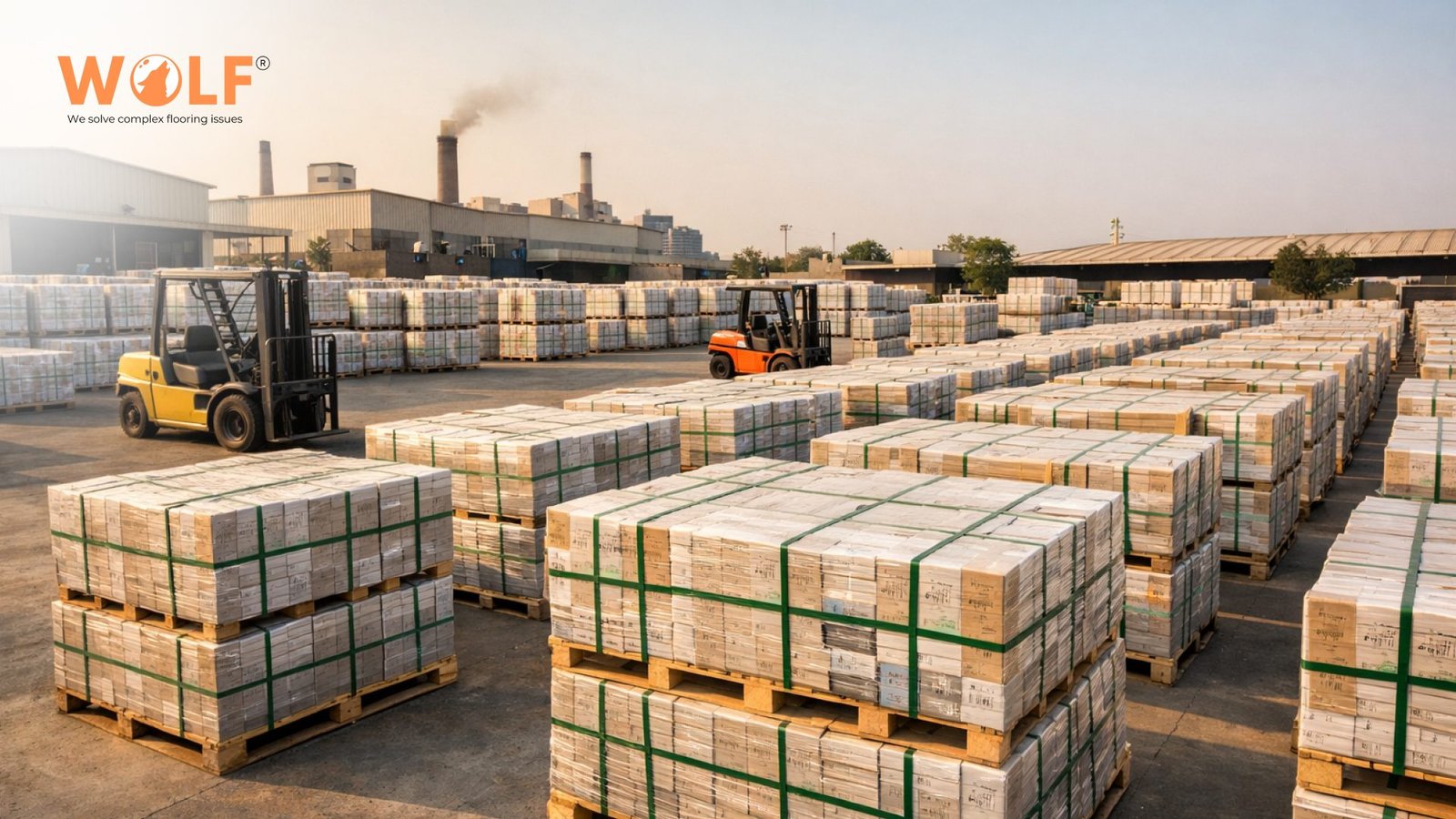 Bulk porcelain tile pallets prepared for export from Morbi to Europe
