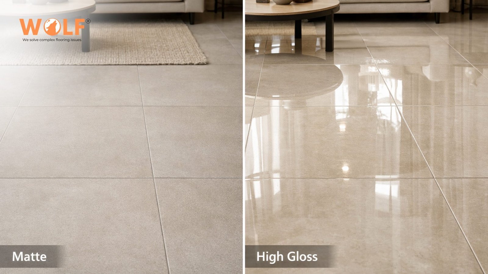 Side-by-side comparison of matte and high gloss porcelain tile finishes on interior flooring.