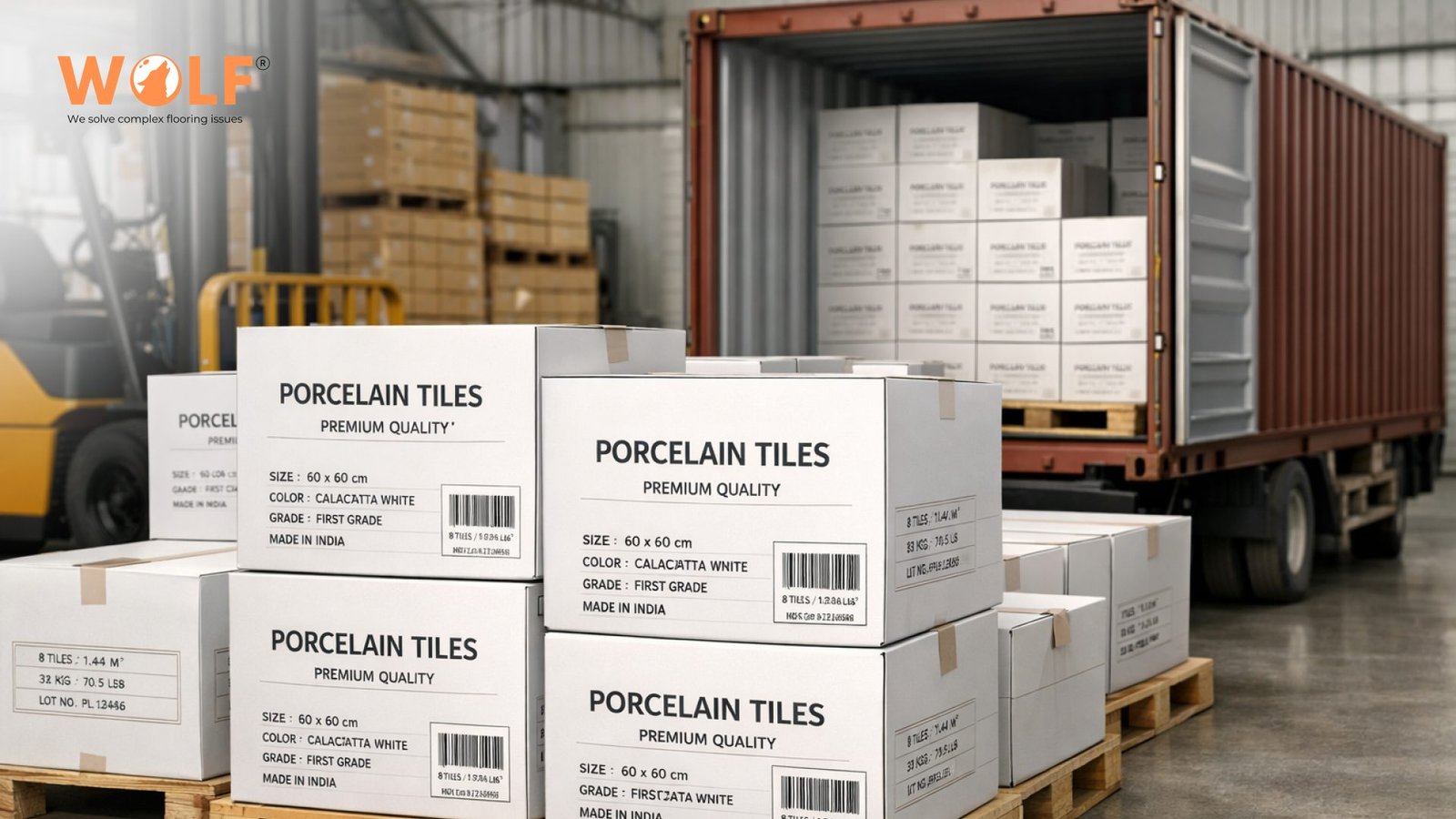 Stacked private label porcelain tile cartons being loaded into a shipping container for international export.