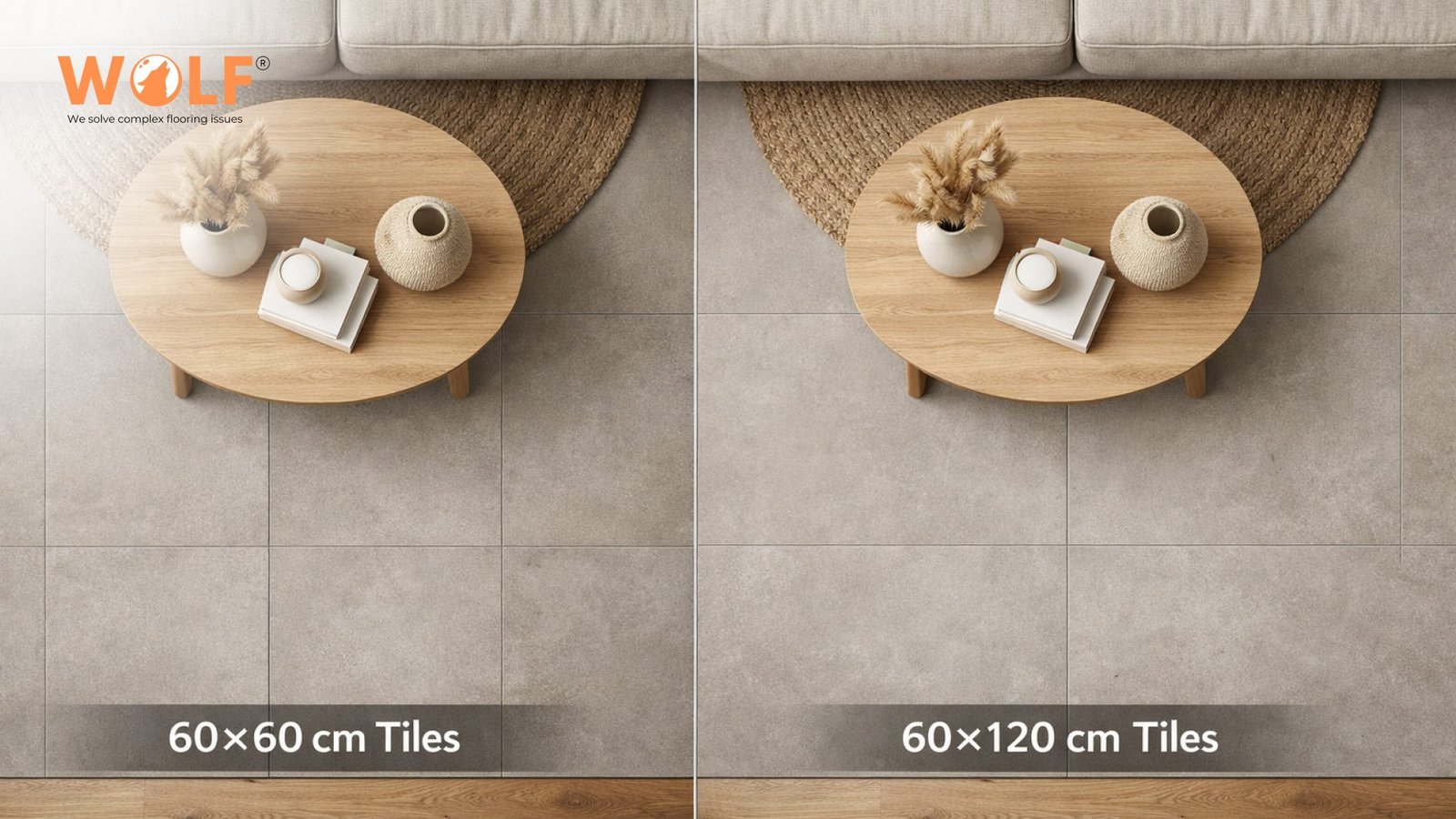 Comparison of 60×60cm and 60×120cm porcelain tile floor layouts.