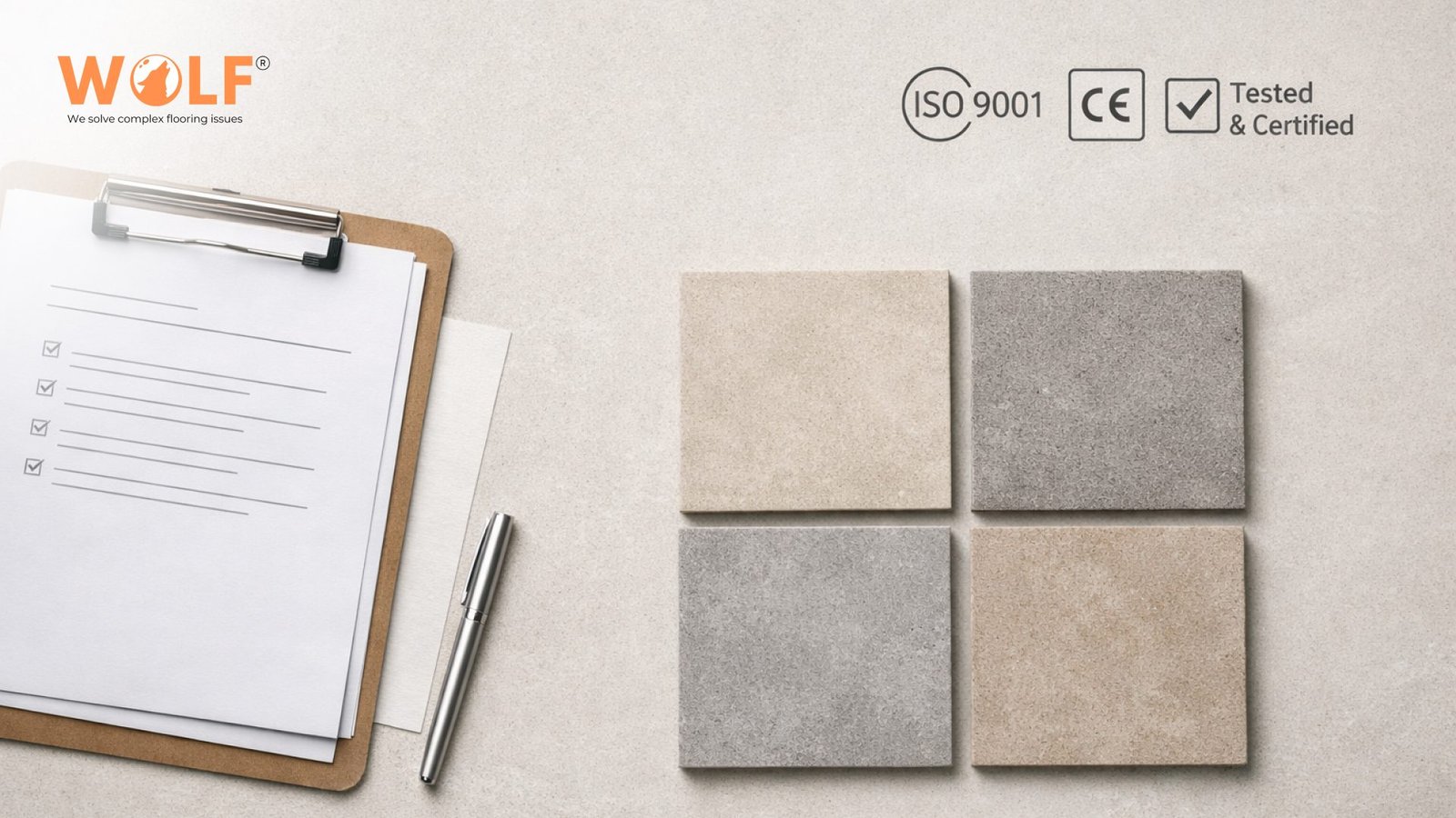 ISO certificates and CE documentation displayed beside porcelain tile samples.