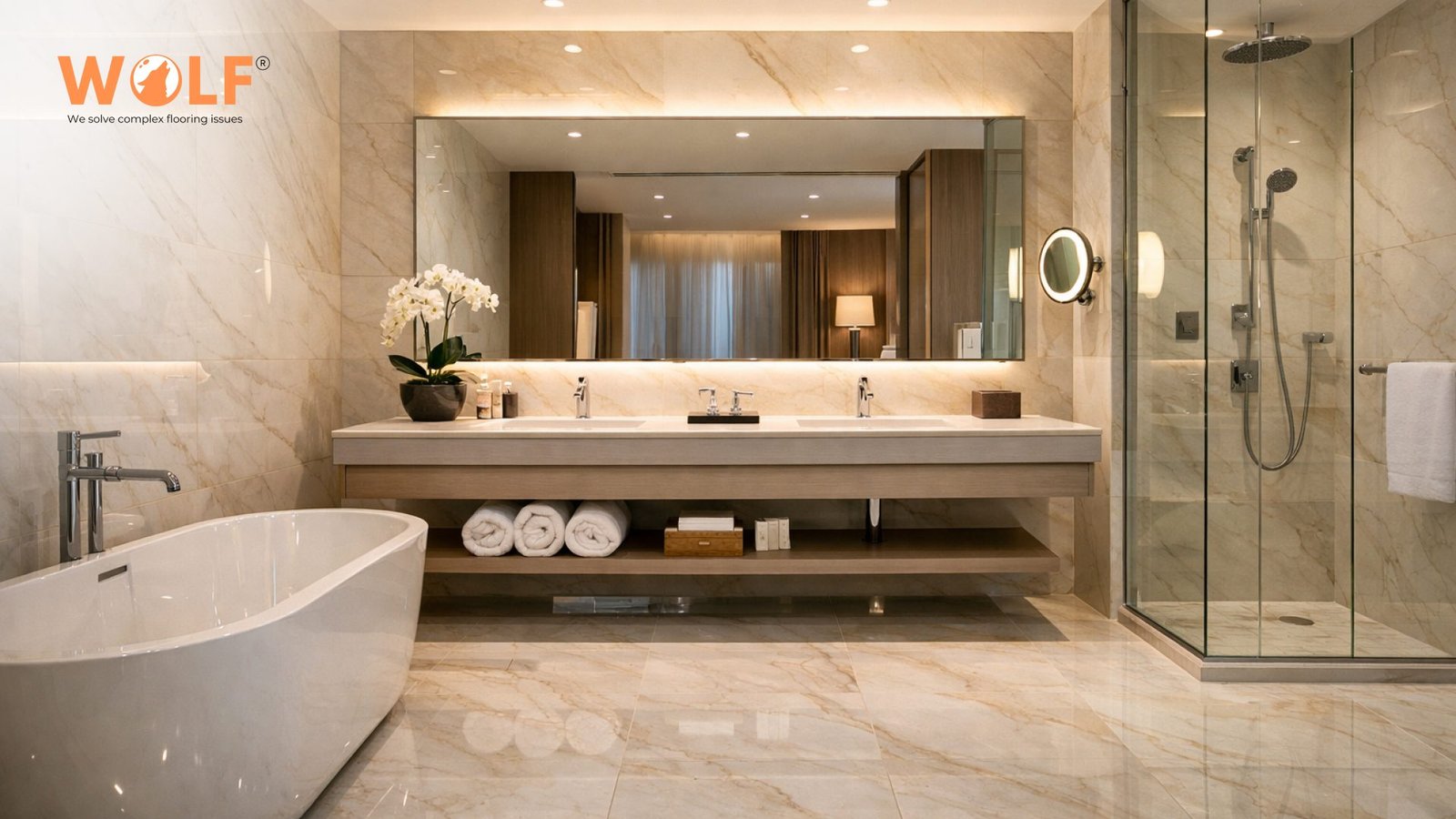 Luxury hotel bathroom with marble-look high glossy porcelain tiles, double vanity, and glass shower