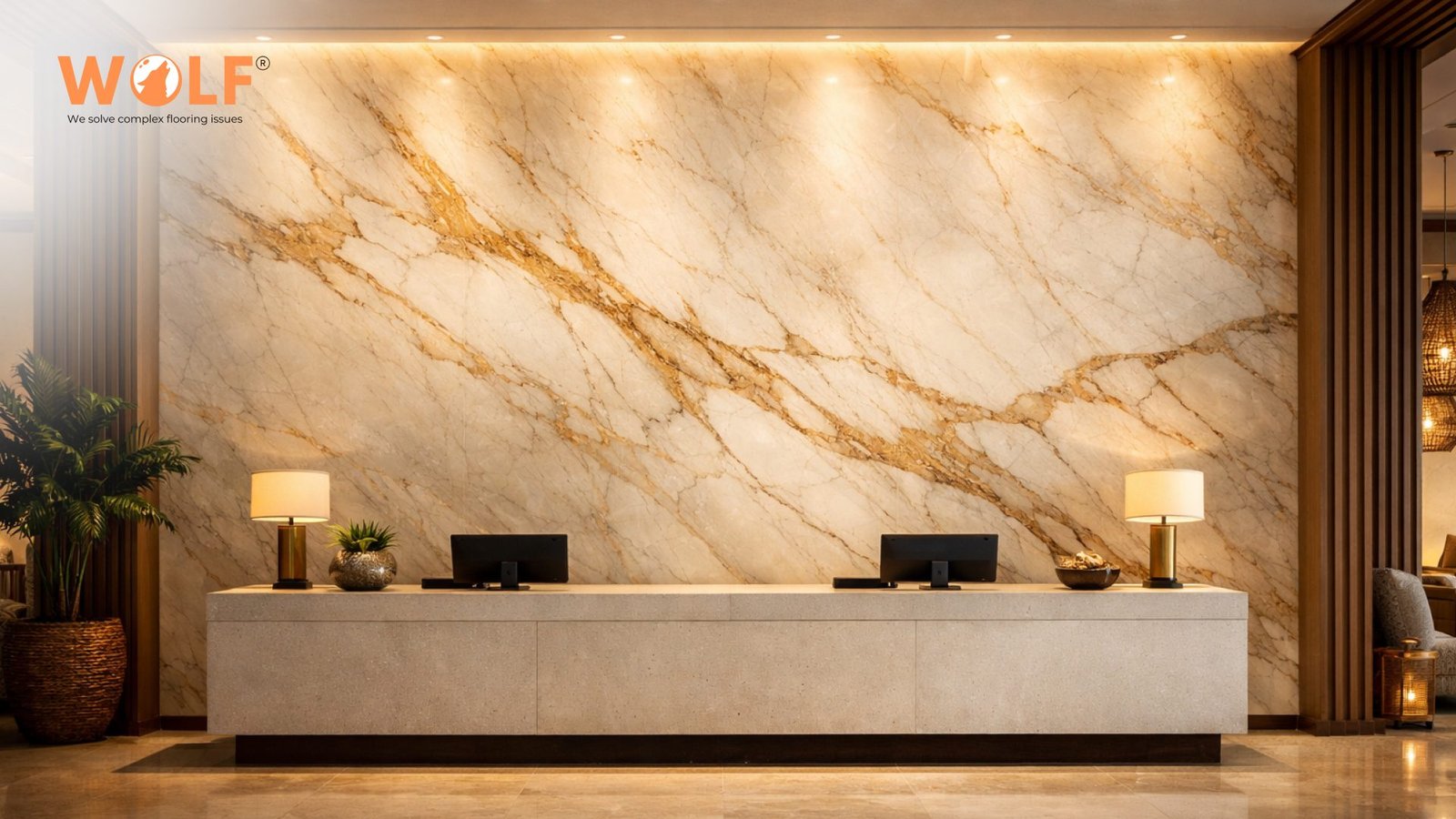 Large format marble-look porcelain slab feature wall behind hotel reception desk in a luxury resort