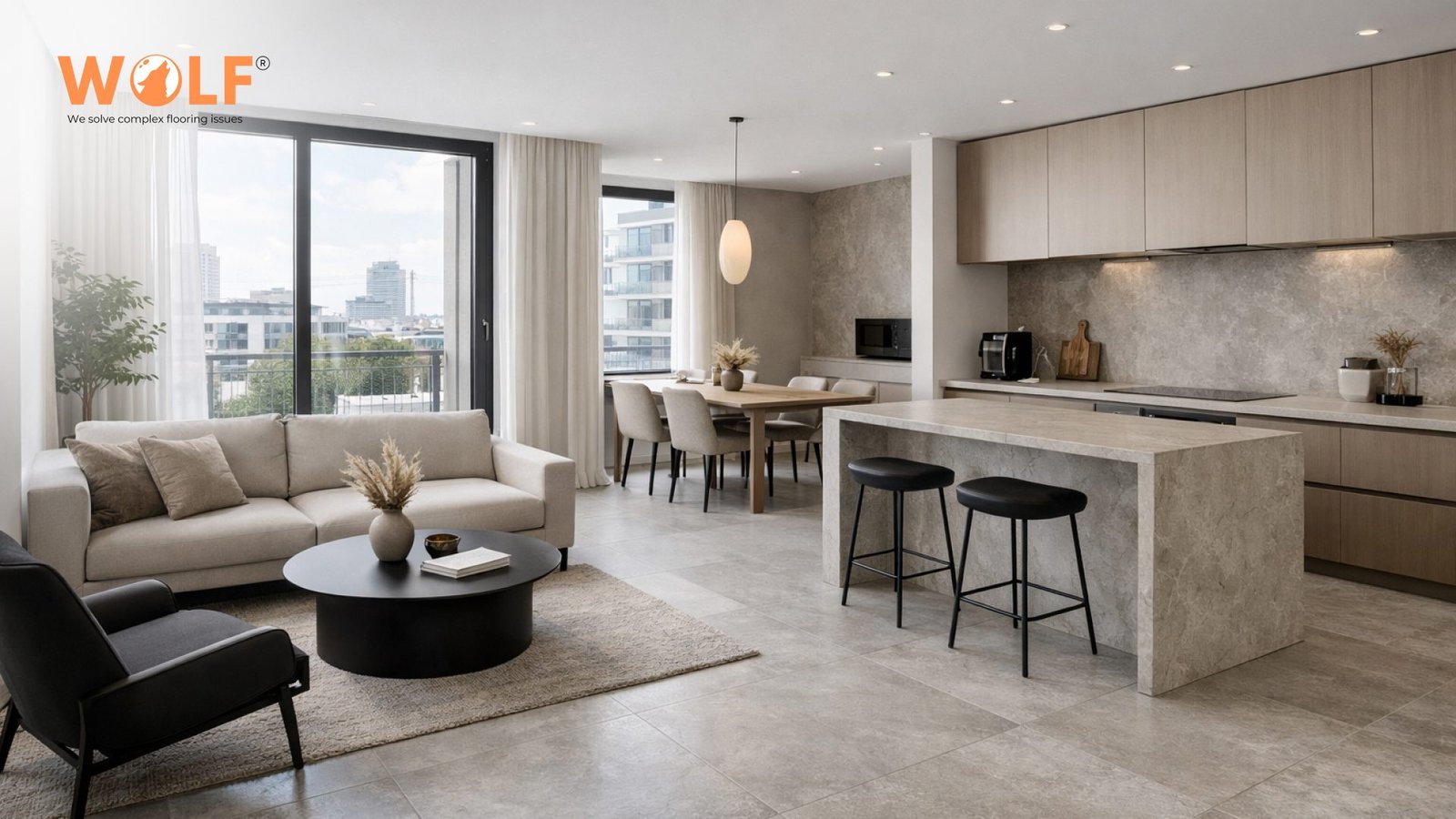 600×600 porcelain floor tiles used in modern Polish apartment interiors