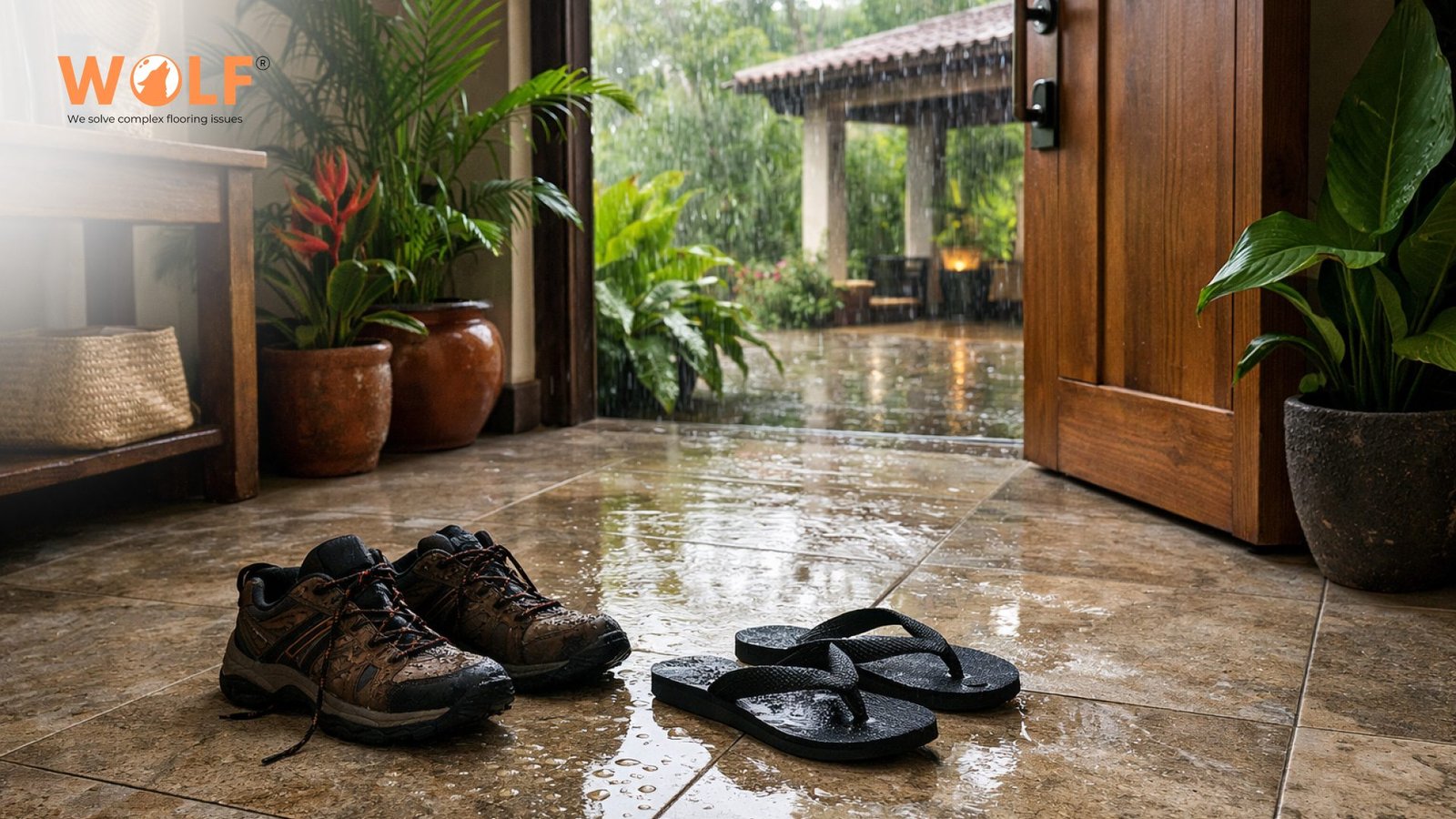 Wet porcelain tile floor at tropical home entrance during heavy rain