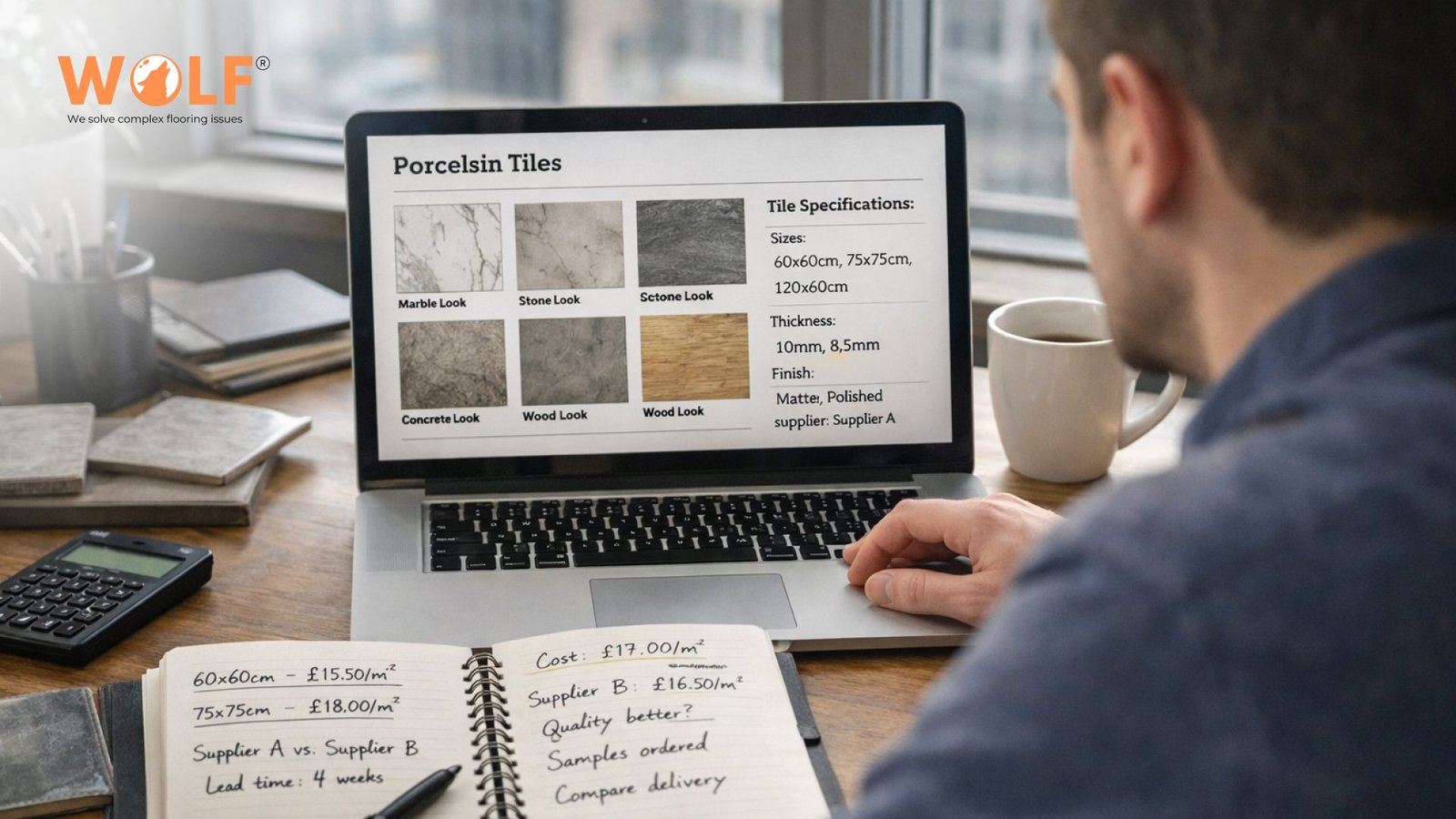 UK tile importer reviewing porcelain tile specifications and pricing from Indian exporters for showroom sourcing