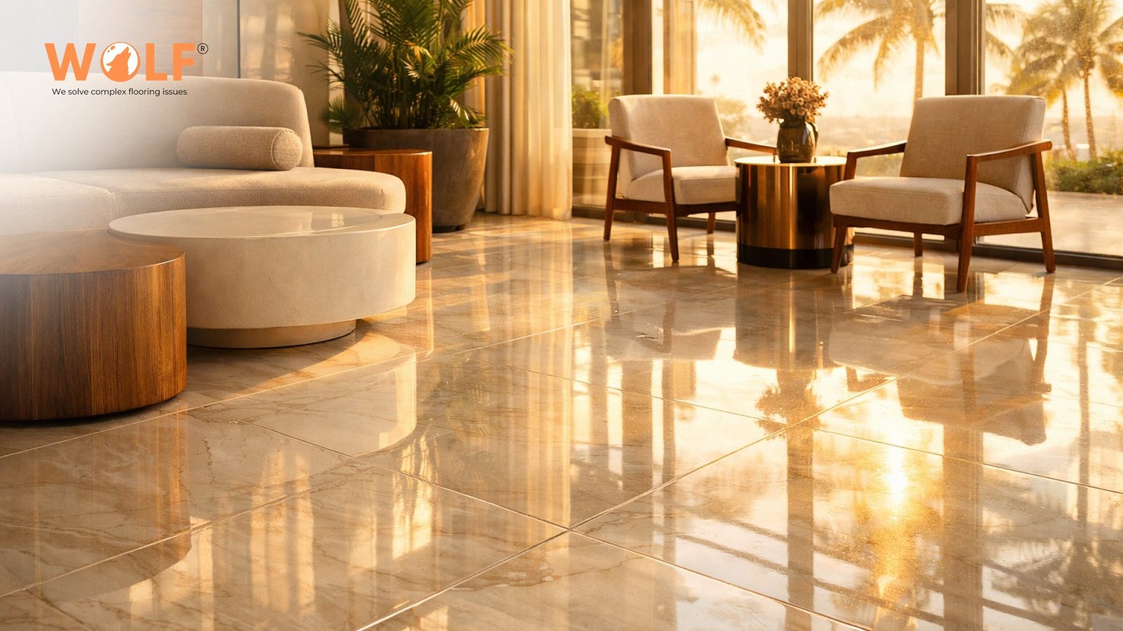 Sunlit resort lounge with high glossy porcelain tile flooring reflecting natural light in a Dominican Republic hotel