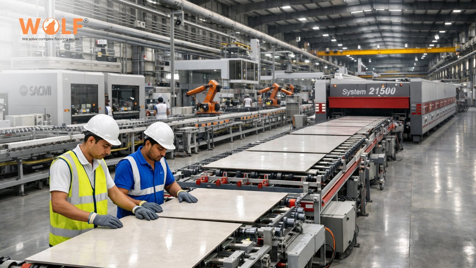 Porcelain tile manufacturing in India showing production line and quality inspection for bulk export orders to Honduras