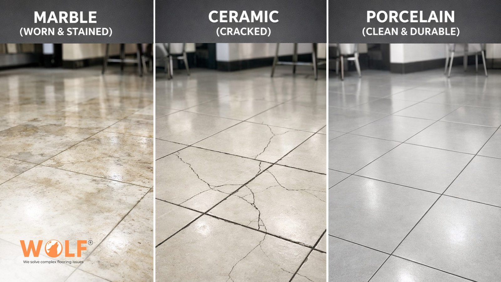 Side-by-side comparison of stained marble, cracked ceramic, and clean durable porcelain tiles in a commercial space