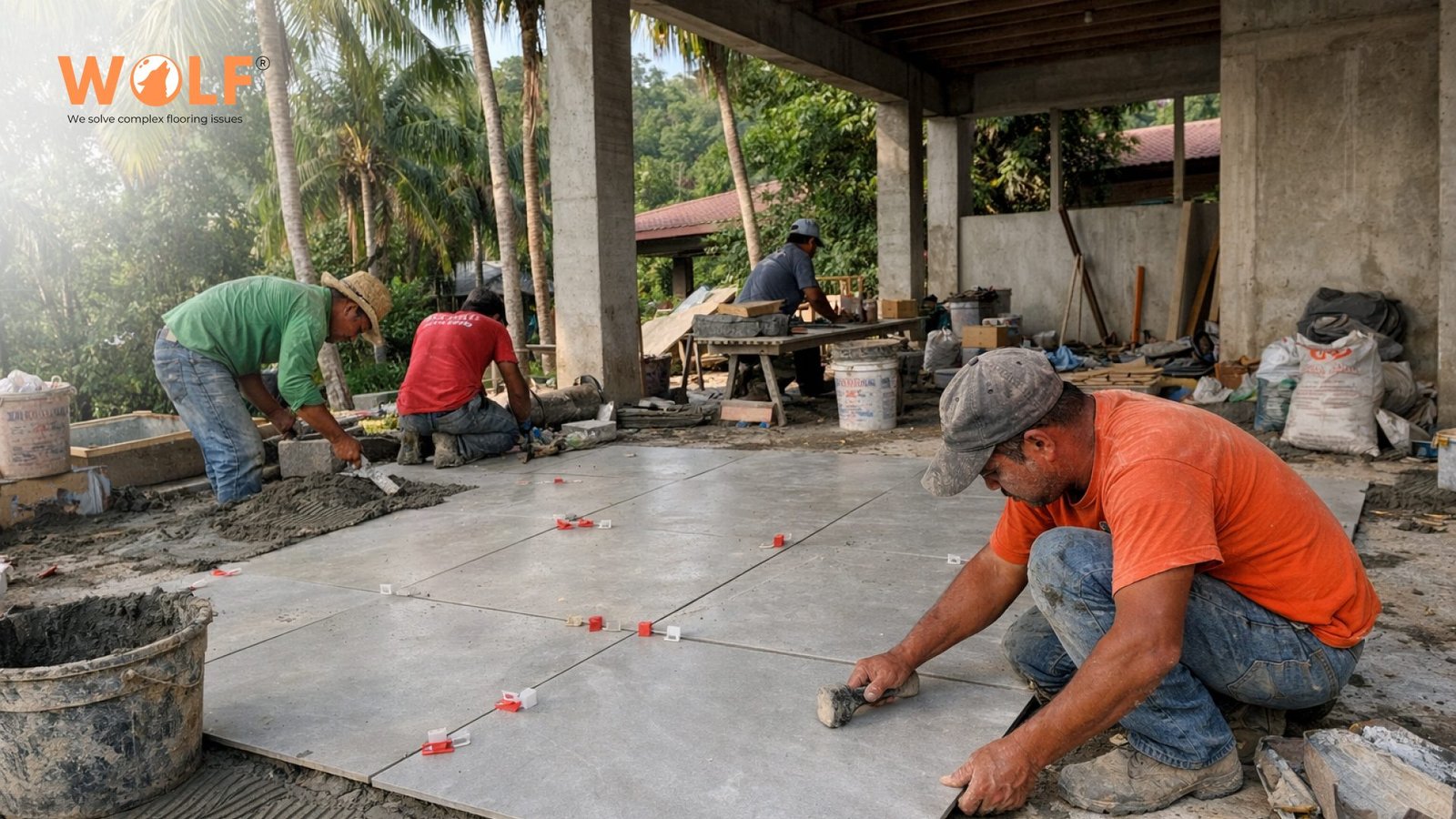 Workers installing large format outdoor porcelain tiles in Honduras construction project using bulk imported tiles from India