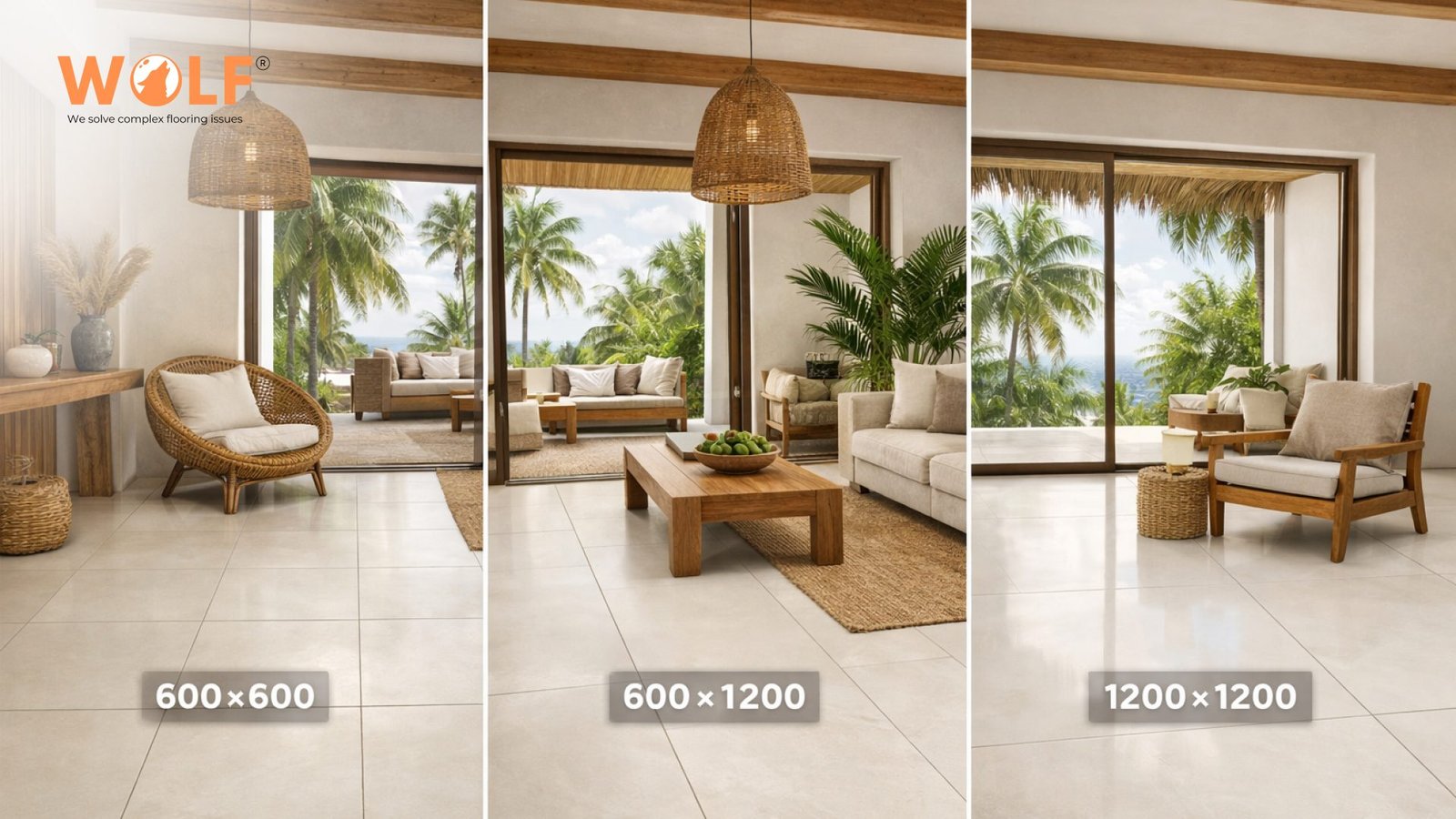 Comparison of porcelain tile sizes 600x600, 600x1200, and 1200x1200 for bulk export from India to Honduras projects