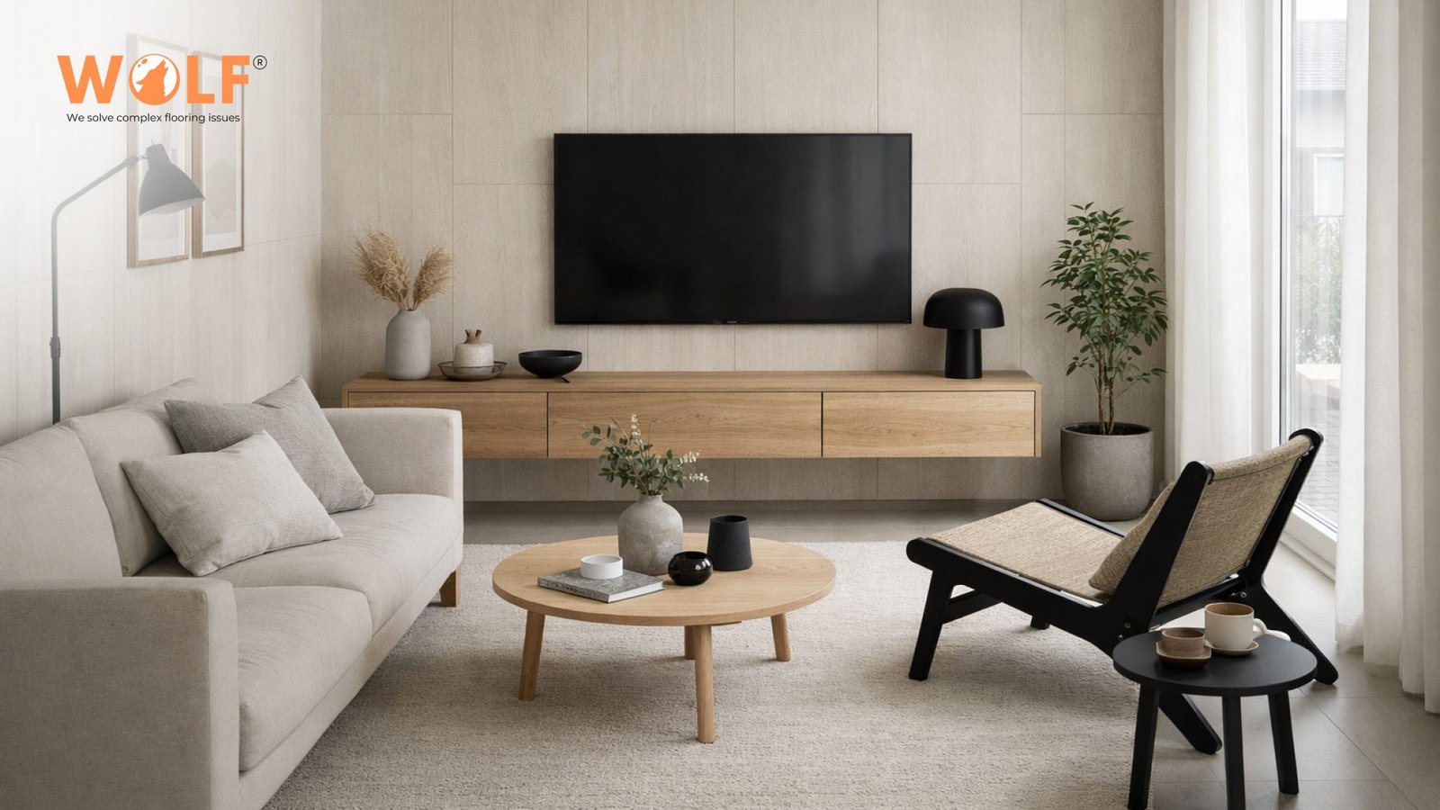 Modern living room interior with large-format porcelain tiles used for a clean, minimal aesthetic.