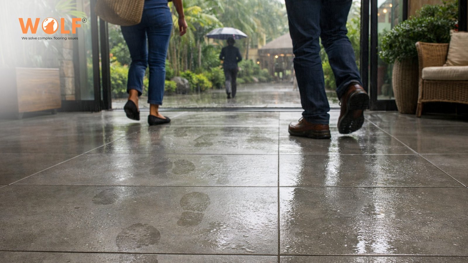 People walking on wet porcelain tiles at a commercial entrance during heavy rain, showing moisture ingress conditions
